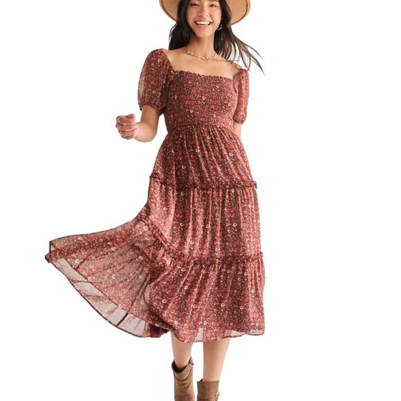 Francesca's AUDREY PARIS Smocked Brown Floral Midi Dress Size Medium NWT - Picture 1 of 9